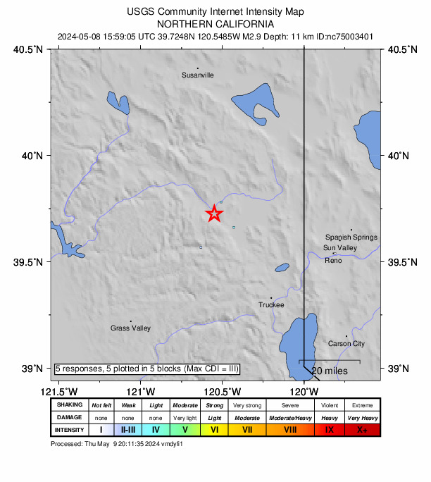 USGS DYFI community-reported intensity map for the M2.9 earthquake near 0 km NNE of Whitehawk, CA