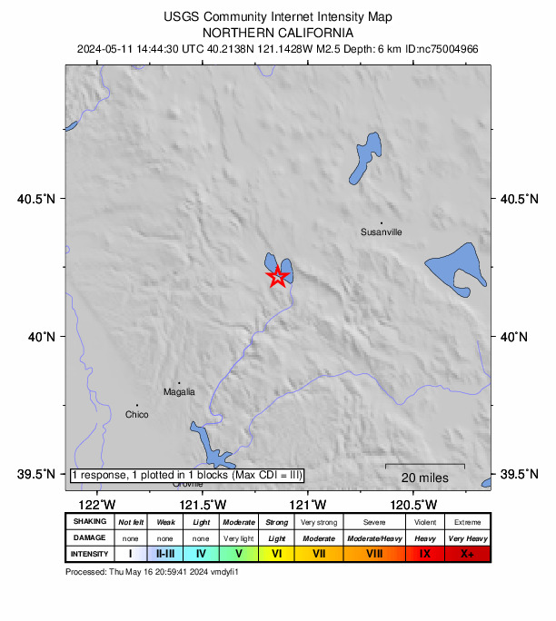 USGS DYFI community-reported intensity map for the M2.5 earthquake near 1 km ENE of Prattville, CA