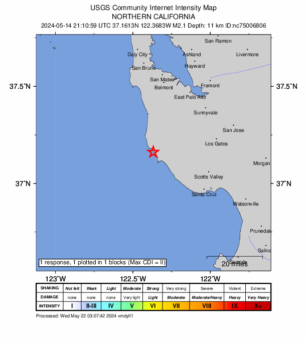USGS DYFI community-reported intensity map for the M2.1 earthquake near 22 km WNW of Boulder Creek, CA