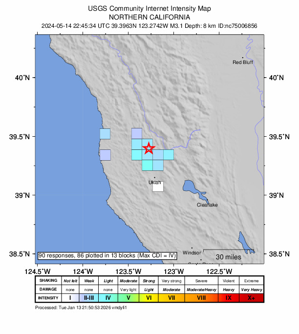 USGS DYFI community-reported intensity map for the M3.1 earthquake near 7 km ESE of Willits, CA