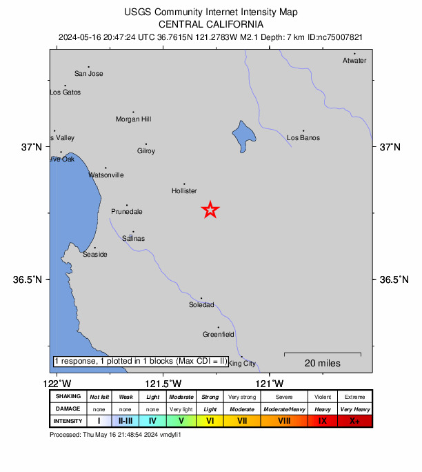 USGS DYFI community-reported intensity map for the M2.0 earthquake near 5 km SE of Tres Pinos, CA