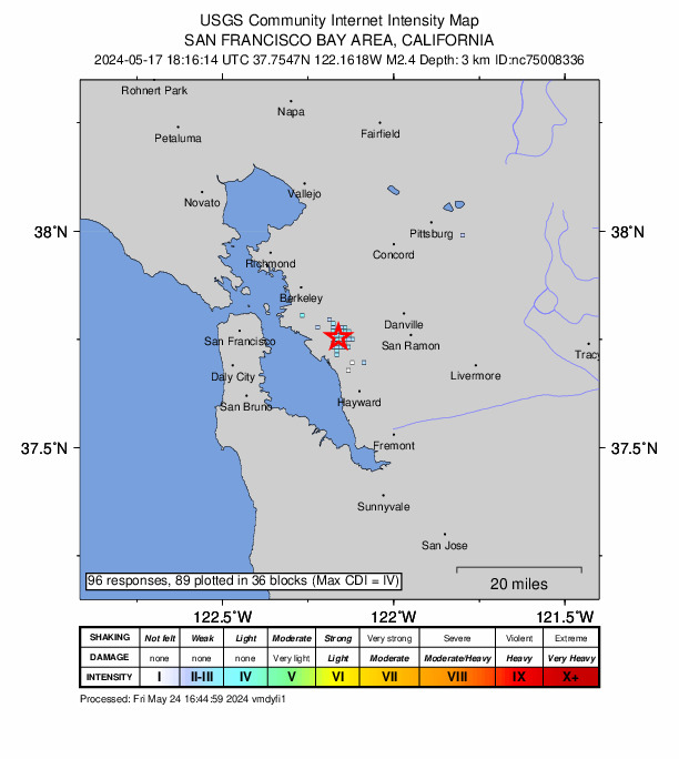 USGS DYFI community-reported intensity map for the M2.4 earthquake near 3 km N of San Leandro, CA