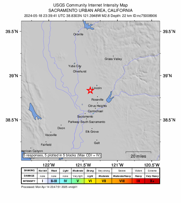 USGS DYFI community-reported intensity map for the M2.8 earthquake near 11 km WSW of Lincoln, CA