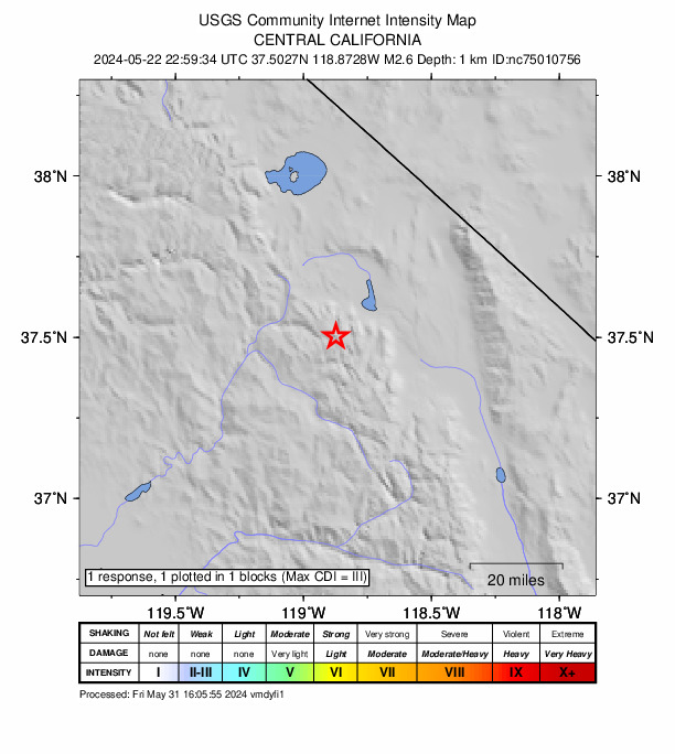 USGS DYFI community-reported intensity map for the M2.6 earthquake near 18 km SSE of Mammoth Lakes, CA