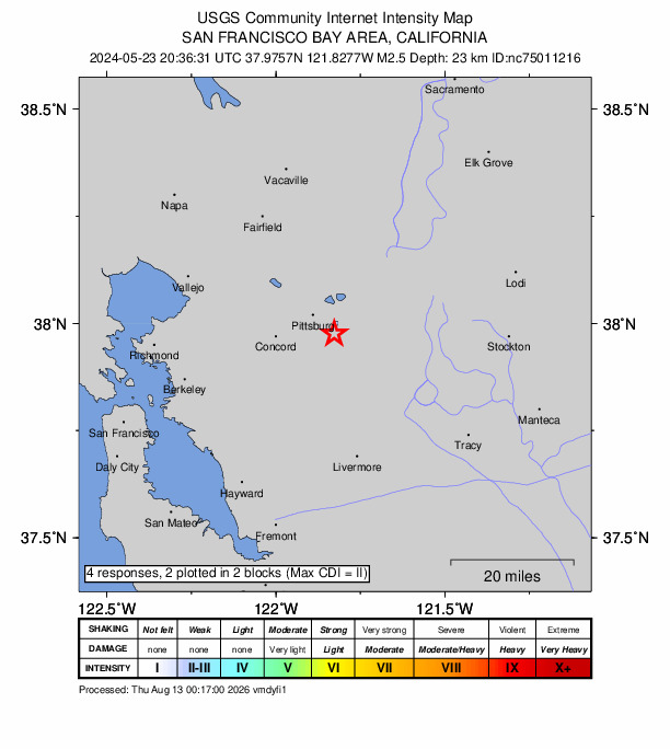 USGS DYFI community-reported intensity map for the M2.5 earthquake near 4 km SW of Antioch, CA