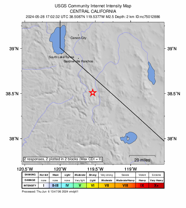 USGS DYFI community-reported intensity map for the M2.5 earthquake near 5 km W of Walker, CA