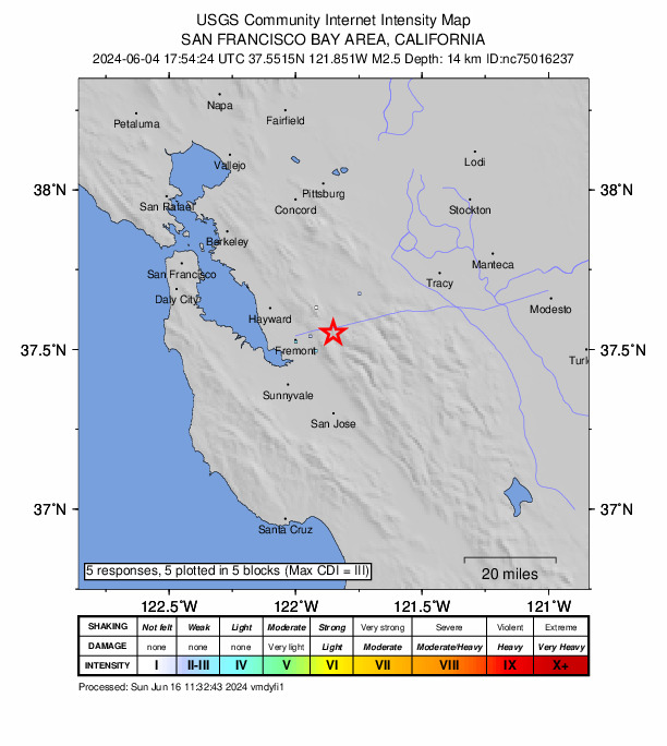 USGS DYFI community-reported intensity map for the M2.5 earthquake near 7 km SSE of Sunol, CA