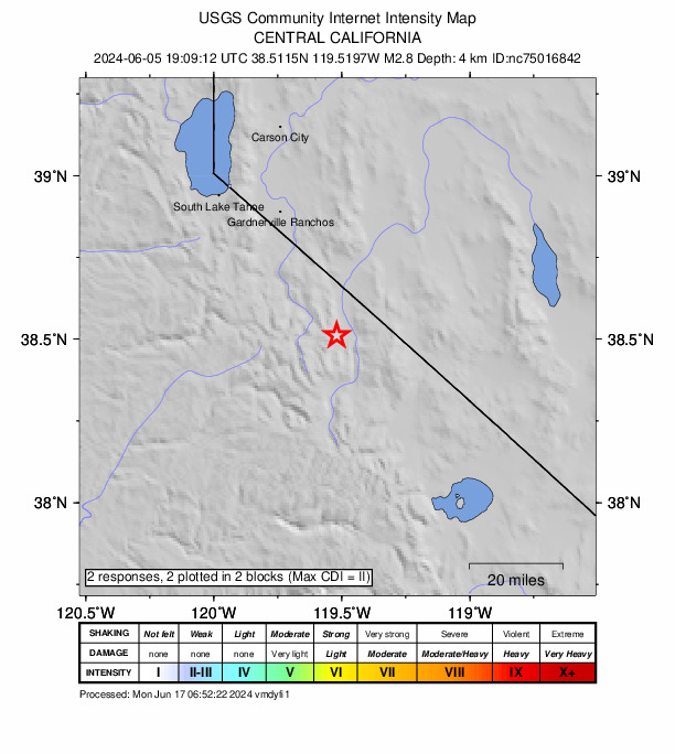 USGS DYFI community-reported intensity map for the M2.8 earthquake near 3 km W of Walker, CA