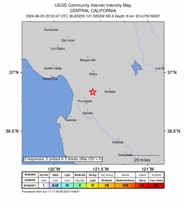 USGS DYFI community-reported intensity map for the M2.6 earthquake near 4 km W of San Juan Bautista, CA