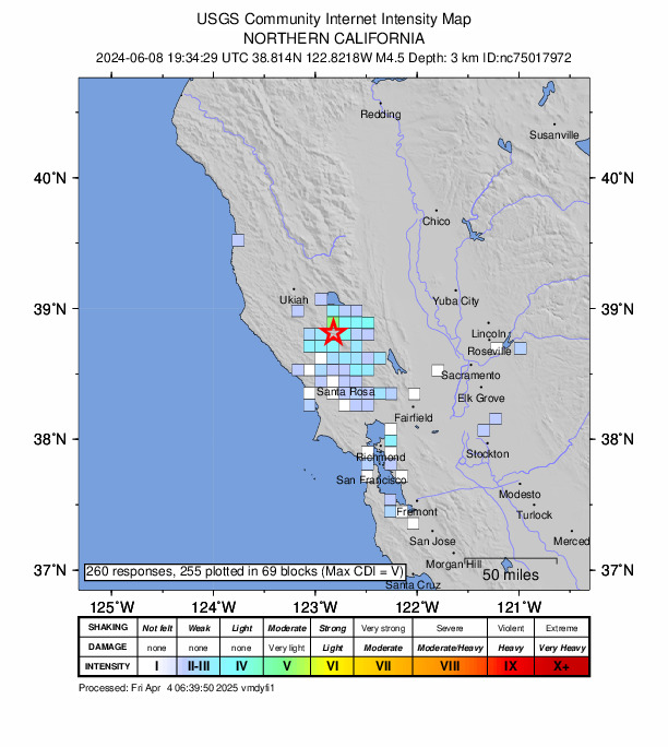 USGS DYFI community-reported intensity map for the M4.5 earthquake near 7 km NW of The Geysers, CA