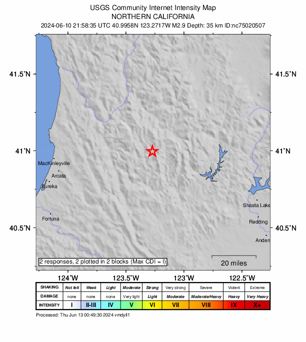 USGS DYFI community-reported intensity map for the M2.9 earthquake near 31 km E of Willow Creek, CA