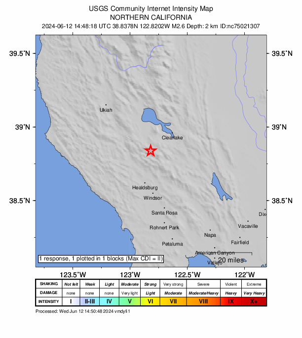 USGS DYFI community-reported intensity map for the M2.6 earthquake near 9 km WNW of Cobb, CA