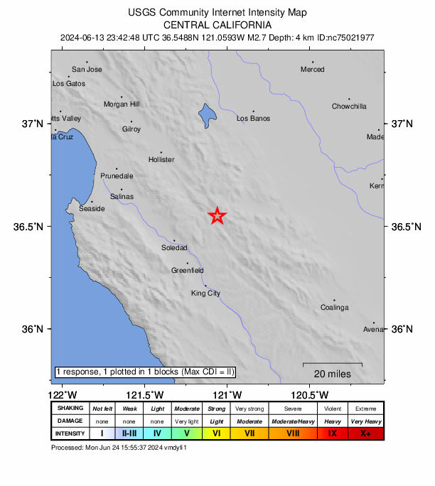 USGS DYFI community-reported intensity map for the M2.7 earthquake near 8 km E of Pinnacles, CA