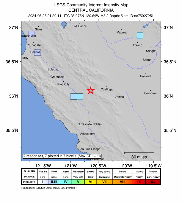 USGS DYFI community-reported intensity map for the M3.2 earthquake near 25 km E of San Ardo, CA