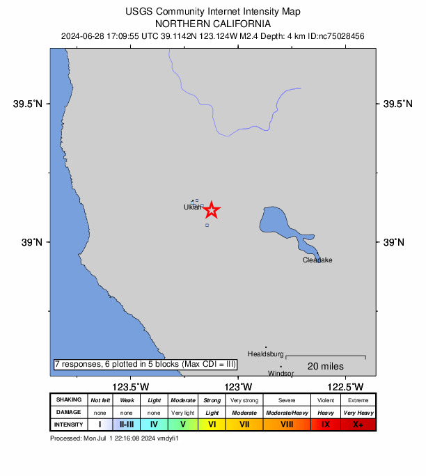 USGS DYFI community-reported intensity map for the M2.4 earthquake near 4 km SE of Talmage, CA