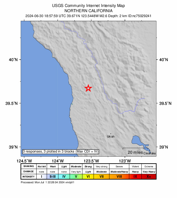 USGS DYFI community-reported intensity map for the M2.6 earthquake near 6 km W of Laytonville, CA