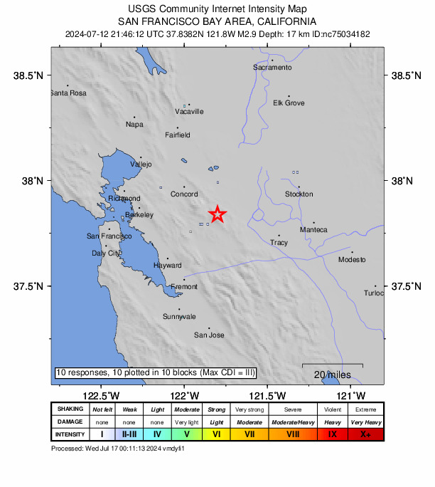 USGS DYFI community-reported intensity map for the M2.9 earthquake near 10 km E of Blackhawk, CA