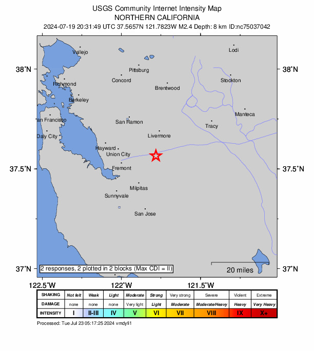 USGS DYFI community-reported intensity map for the M2.4 earthquake near 10 km SE of Sunol, CA