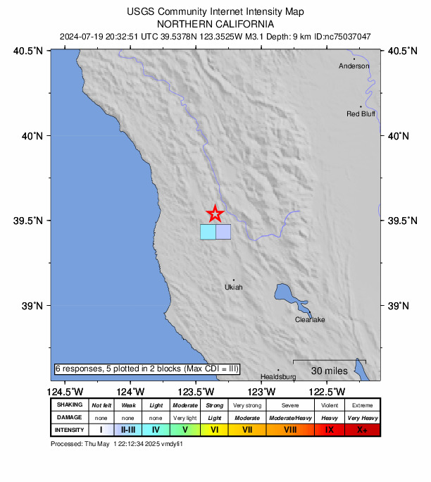 USGS DYFI community-reported intensity map for the M3.1 earthquake near 11 km NNE of Brooktrails, CA