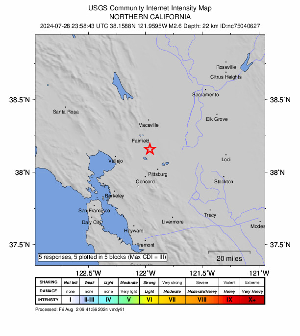 USGS DYFI community-reported intensity map for the M2.6 earthquake near 11 km SSE of Suisun City, CA