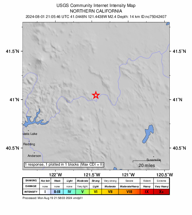 USGS DYFI community-reported intensity map for the M2.4 earthquake near 4 km W of McArthur, CA