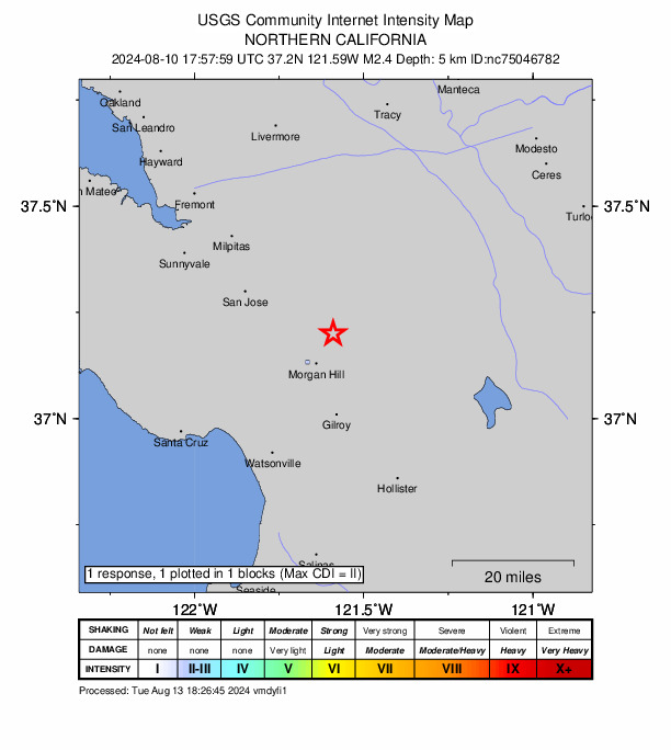 USGS DYFI community-reported intensity map for the M2.4 earthquake near 10 km NE of Morgan Hill, CA