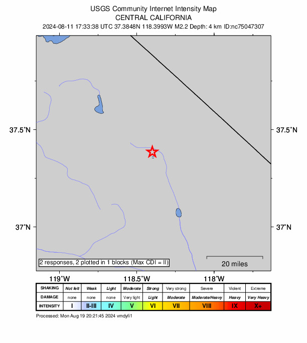 USGS DYFI community-reported intensity map for the M2.2 earthquake near 1 km ESE of Dixon Lane-Meadow Creek, CA
