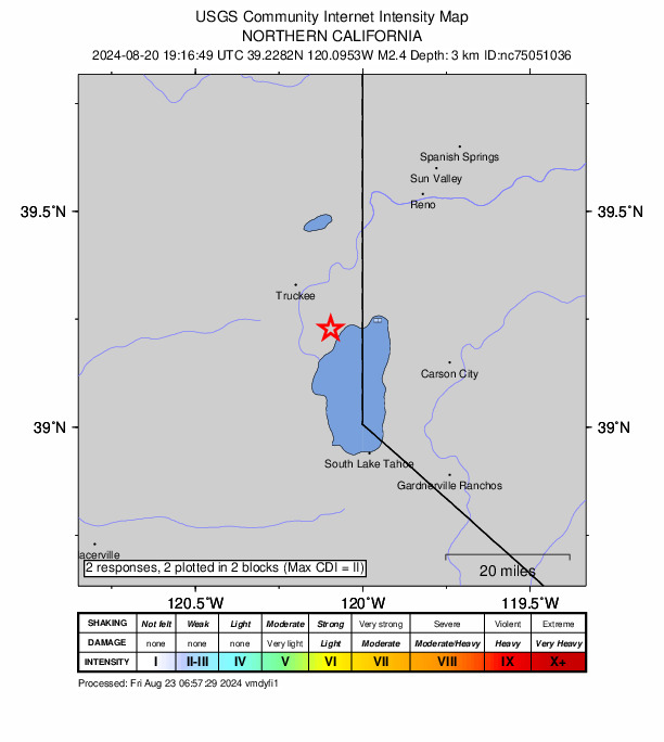 USGS DYFI community-reported intensity map for the M2.4 earthquake near 4 km W of Tahoe Vista, CA