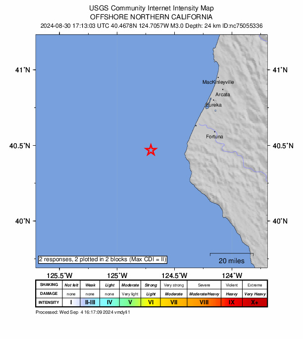 USGS DYFI community-reported intensity map for the M3.0 earthquake near 39 km NW of Petrolia, CA