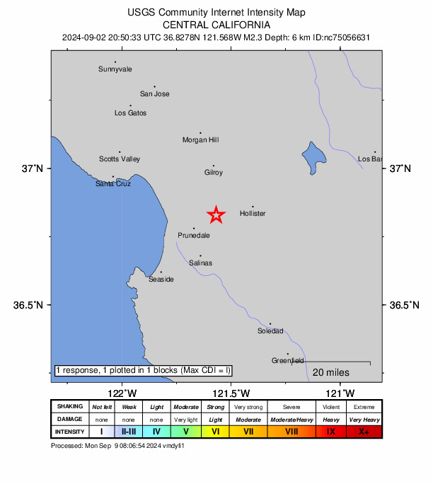 USGS DYFI community-reported intensity map for the M2.3 earthquake near 3 km WSW of San Juan Bautista, CA