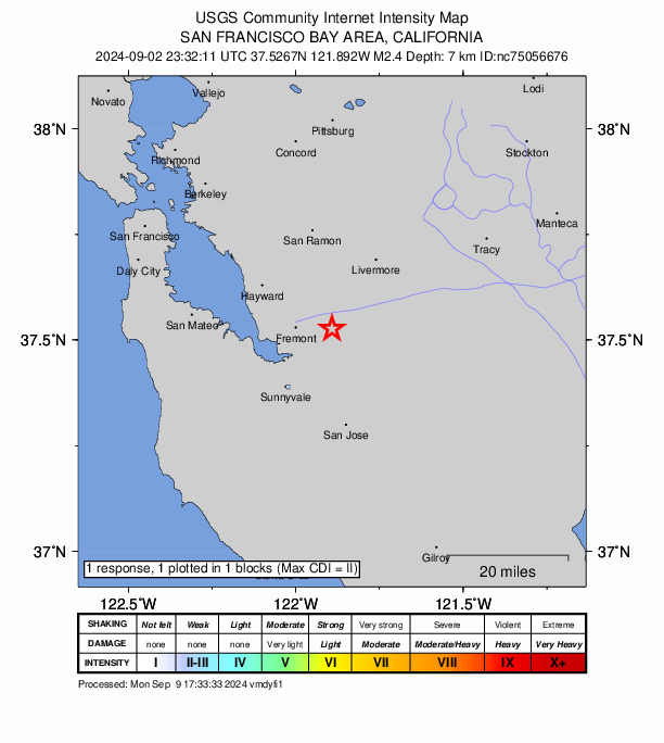 USGS DYFI community-reported intensity map for the M2.4 earthquake near 8 km ESE of Fremont, CA
