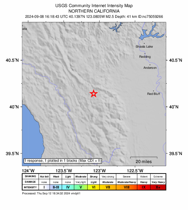 USGS DYFI community-reported intensity map for the M2.5 earthquake near 41 km NNE of Covelo, CA