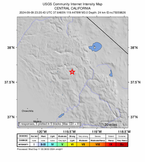 USGS DYFI community-reported intensity map for the M3.0 earthquake near 16 km SE of Yosemite Valley, CA