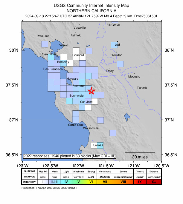 USGS DYFI community-reported intensity map for the M3.4 earthquake near 8 km ENE of Alum Rock, CA