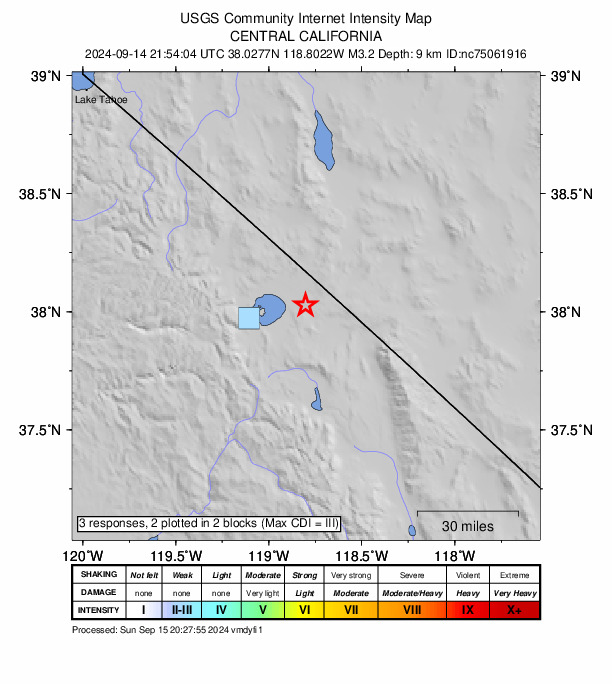 USGS DYFI community-reported intensity map for the M3.2 earthquake near 27 km SSE of Bodie, CA
