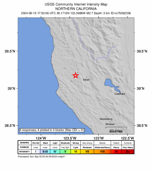 USGS DYFI community-reported intensity map for the M2.7 earthquake near 17 km WNW of Ukiah, CA