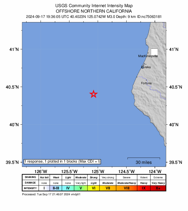 USGS DYFI community-reported intensity map for the M3.0 earthquake near 67 km WNW of Petrolia, CA