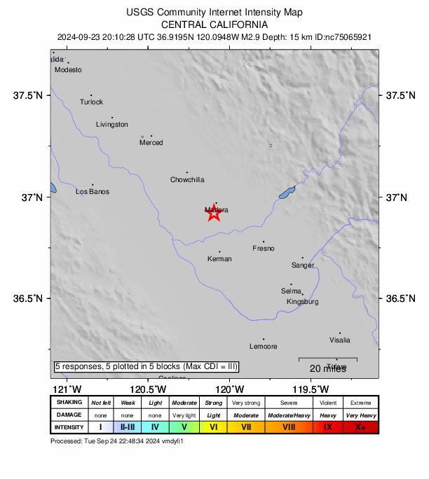 USGS DYFI community-reported intensity map for the M2.9 earthquake near 5 km W of Parkwood, CA