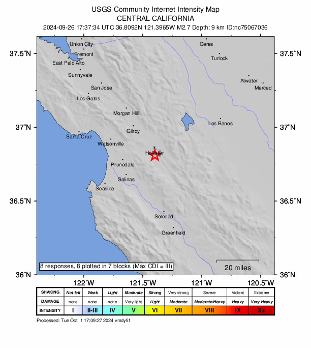 USGS DYFI community-reported intensity map for the M2.7 earthquake near 3 km W of Ridgemark, CA