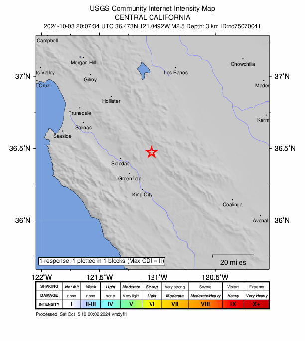 USGS DYFI community-reported intensity map for the M2.5 earthquake near 11 km SE of Pinnacles, CA