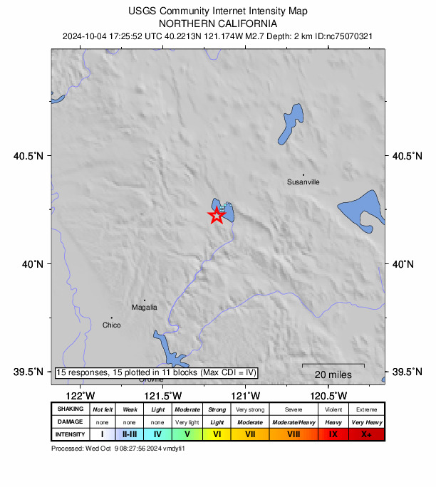 USGS DYFI community-reported intensity map for the M2.7 earthquake near 1 km NE of Almanor, CA