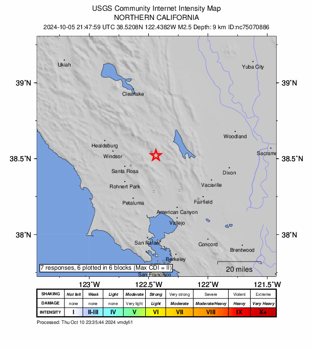 USGS DYFI community-reported intensity map for the M2.5 earthquake near 3 km ENE of Saint Helena, CA
