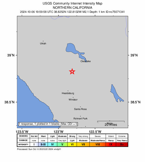 USGS DYFI community-reported intensity map for the M2.1 earthquake near 7 km NNW of The Geysers, CA