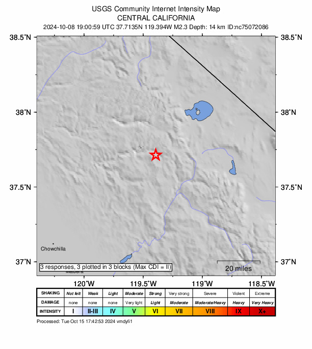 USGS DYFI community-reported intensity map for the M2.3 earthquake near 16 km ESE of Yosemite Valley, CA