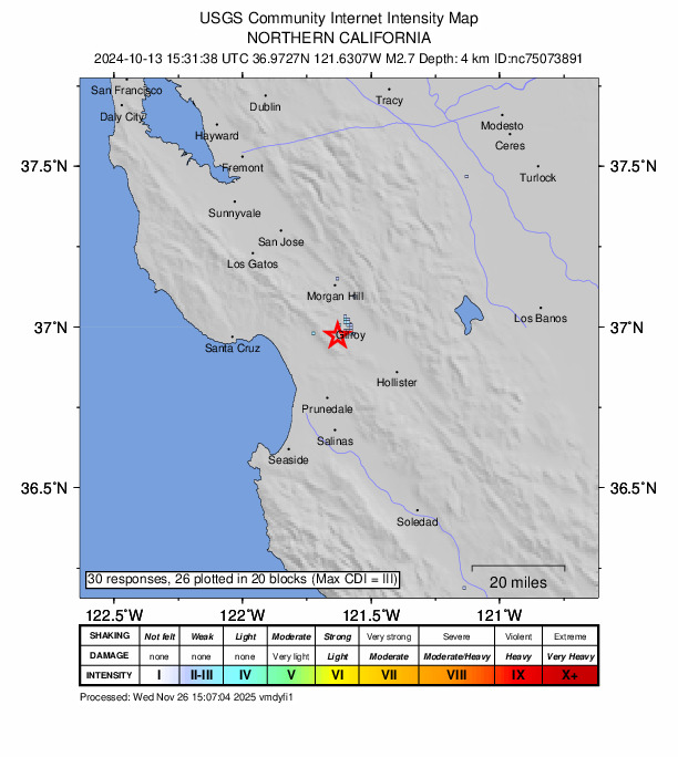 USGS DYFI community-reported intensity map for the M2.7 earthquake near 7 km WSW of Gilroy, CA
