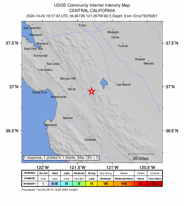 USGS DYFI community-reported intensity map for the M2.5 earthquake near 14 km NE of Hollister, CA