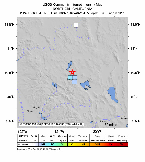 USGS DYFI community-reported intensity map for the M3.5 earthquake near 10 km NNE of Susanville, CA