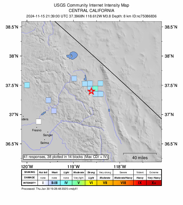 USGS DYFI community-reported intensity map for the M3.8 earthquake near 2 km SW of Round Valley, CA