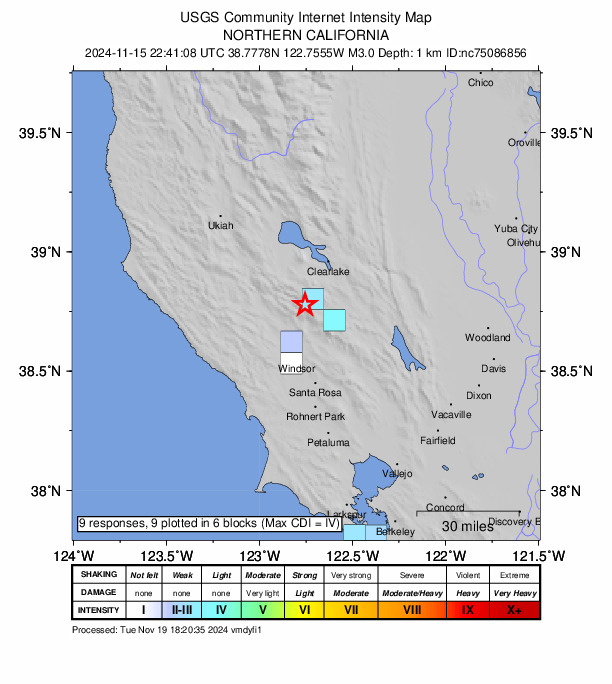 USGS DYFI community-reported intensity map for the M3.0 earthquake near 0 km ENE of The Geysers, CA