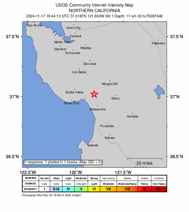 USGS DYFI community-reported intensity map for the M2.1 earthquake near 3 km NNE of Corralitos, CA